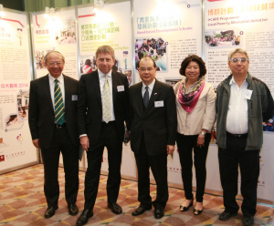 Community engagement projects initiated by CUHK and HKU are introduced to the guests in the exhibition: (from left) Professor Michael Hui, Pro-Vice-Chancellor; Professor Peter Mathieson, President and Vice-Chancellor, HKU; Mr. Matthew Cheung Kin-chung, Secretary for Labour and Welfare, The HKSAR Government; Ms. Leonie Ki, Director of CTFCF; Mr. Peter Cheng, Chairman, CTFCF